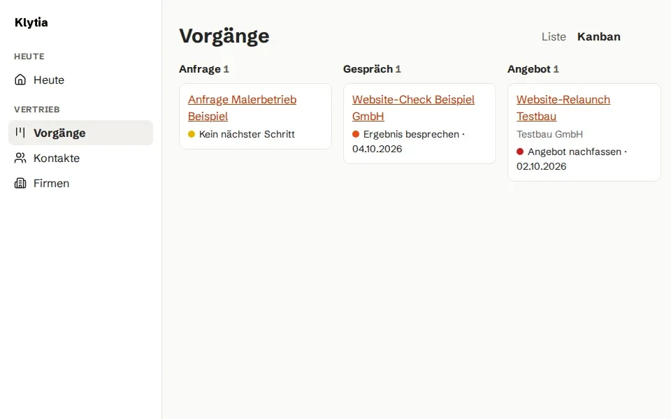 Klytia: Vorgänge als Spalten nach Phase, mit nächstem Schritt und Datum
