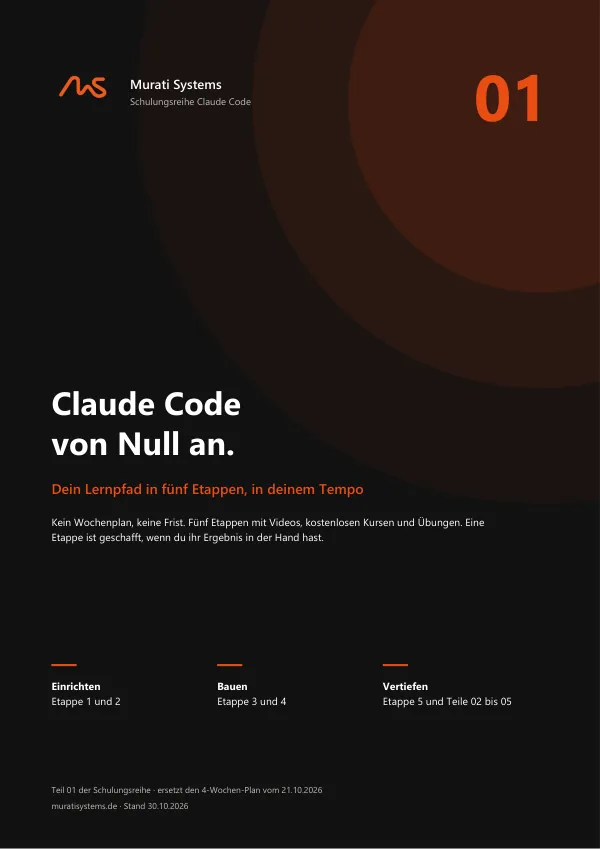 Deckblatt des Hefts „Claude Code von Null an“ aus der Schulungsreihe von Murati Systems
